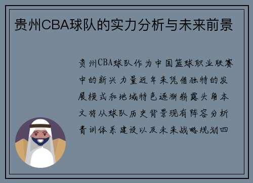贵州CBA球队的实力分析与未来前景